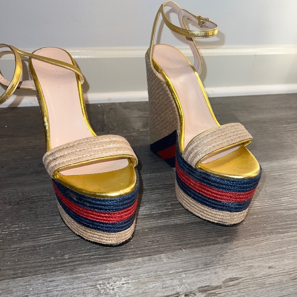 Gucci Raffia Metallic Web Platform Espadrilles - Picture 2 of 6